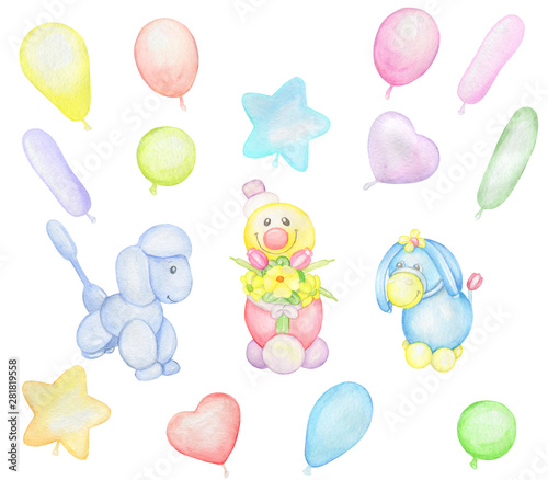 clown, dog, donkey, balloons. cet, is cute. Watercolor drawing. a balloon toy. Holiday card. © Natalia