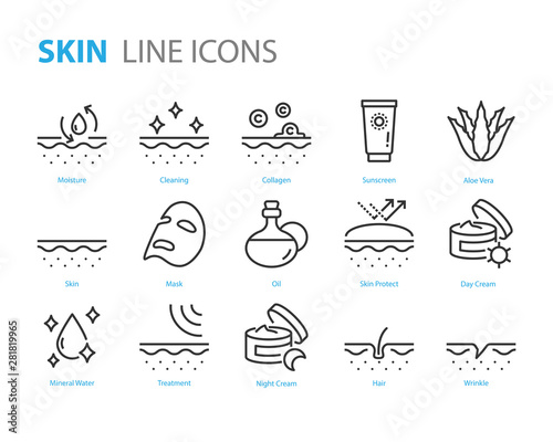 set of skin icons, aloe vera, lotion, moisture, uv