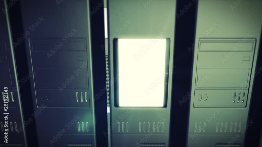 Camera flies through server room - zooms on screen - 4K Camera flies through server room - zooms on screen - 4K