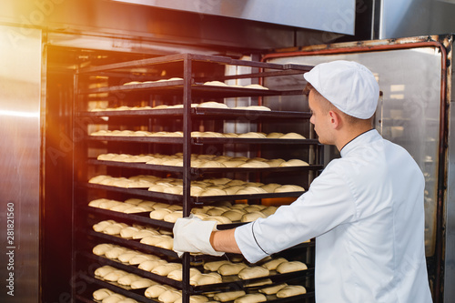 a baker carries a cart with a baking tray with raw dough into a baking oven. industrial oven in a bakery.