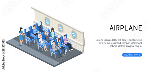 Isometric 3D vector illustration interior plane with passengers for landing page