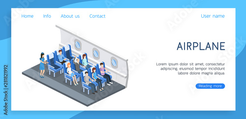 Isometric 3D vector illustration interior plane with passengers for landing page