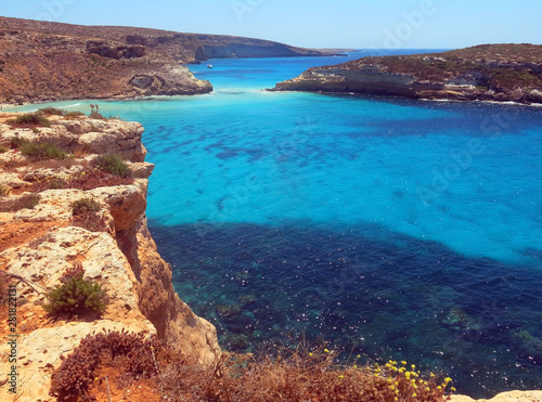 blue sea on the Lampedusa Island in Italy