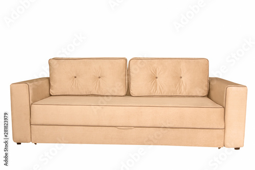 Biege modern sofa isolated on white background, front view.