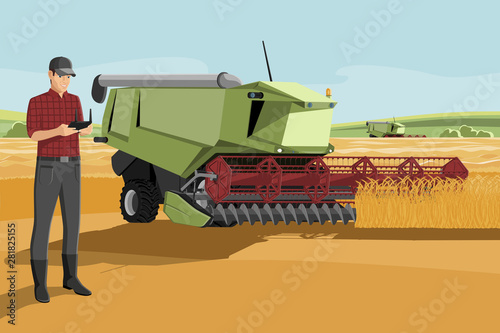 Farmer with autonomous harvester on a smart farm. Vector illustration EPS 10