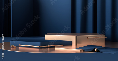 3d render abstract platforms with golden, dark blue shapes and curtains. Geometric figures in modern minimal design. Realistic mock up for promotion, banners background, product show. 