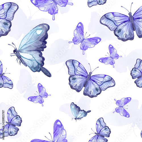 Blue butterflies. Seamless pattern. Watercolour in trendy style. Fantasy illustration. Trendy decor. Watercolour card background. Watercolour print.
