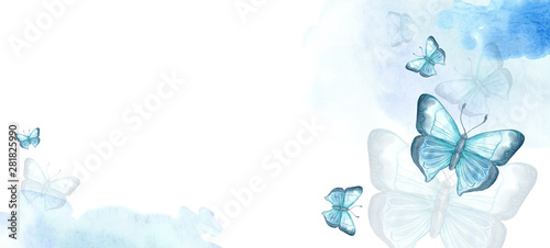 Beautiful sketch flyer with colorful watercolour. Watercolor illustration. Blue butterfly
