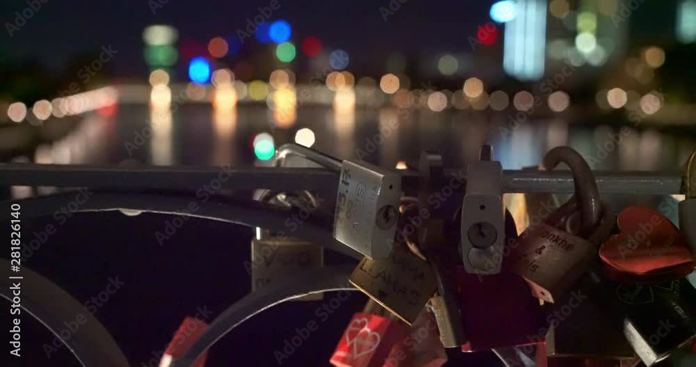 Padlocks attached to bridge overlooking Main river in Frankfurt, Germany. Padlocks attached to bridge overlooking Main river in Frankfurt, Germany.