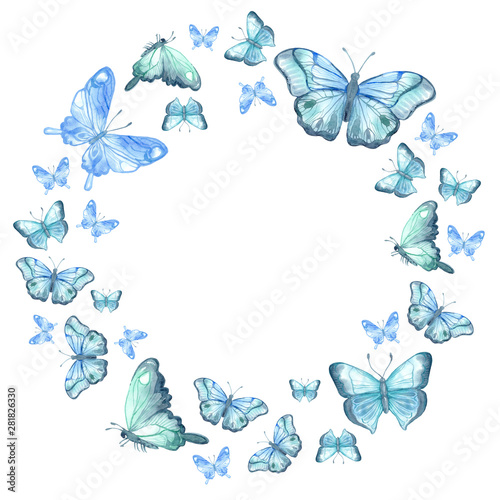 Sketch watercolour for celebration decoration design. Wreath with blue butterflies