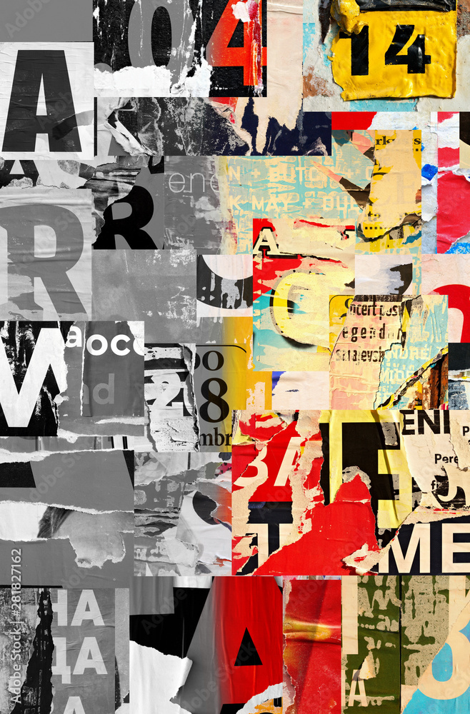 Fototapeta premium Kolaż wielu cyfr i liter zgranych podarte reklamy uliczne plakaty grunge pognieciony zmięty papier tekstura tło afisz powierzchnia tła