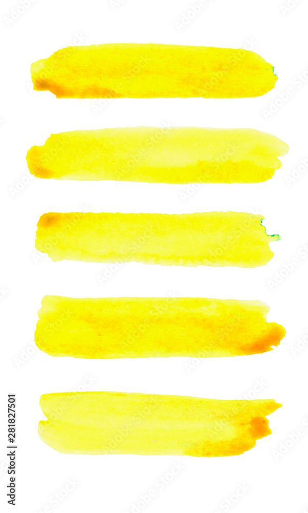 Yellow watercolor brush stroke stripes isolated on white backgrounds ...