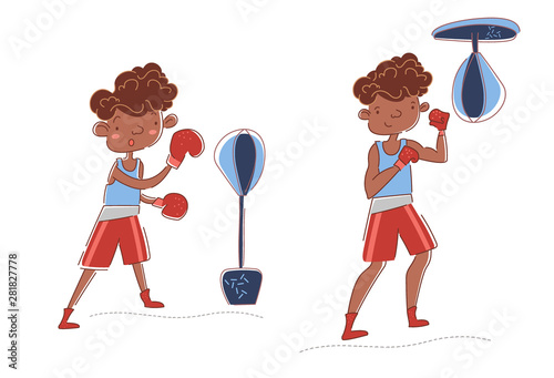 Two young boxers - experienced athlete and the beginner training on punch bags in a gym in two different poses in a recreational sport and fitness concept, vector line drawings over white