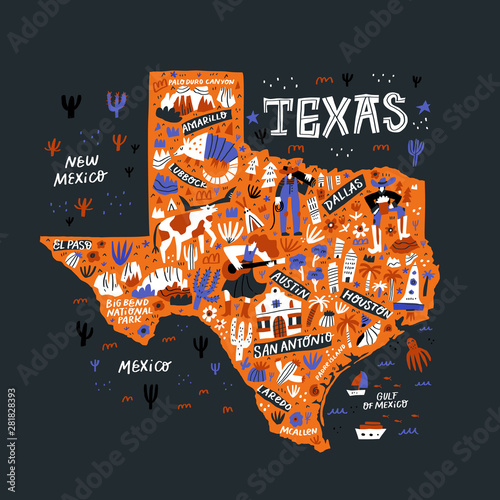 Texas orange map flat hand drawn vector illustration. Western american state infographic doodle drawing. Texas landmarks, attractions and cities guide. USA travel postcard, poster concept design photo
