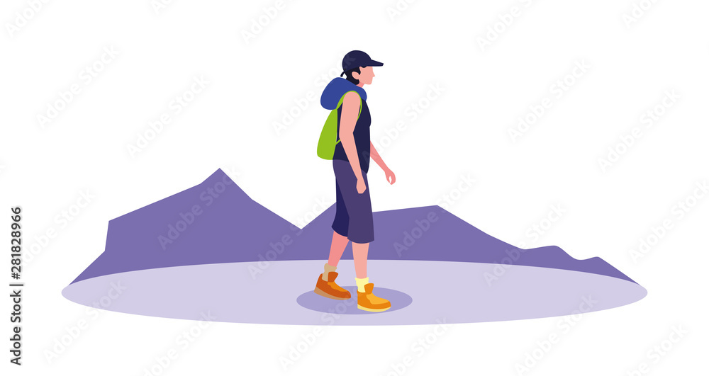Obraz premium young man backpacker in mountain landscape