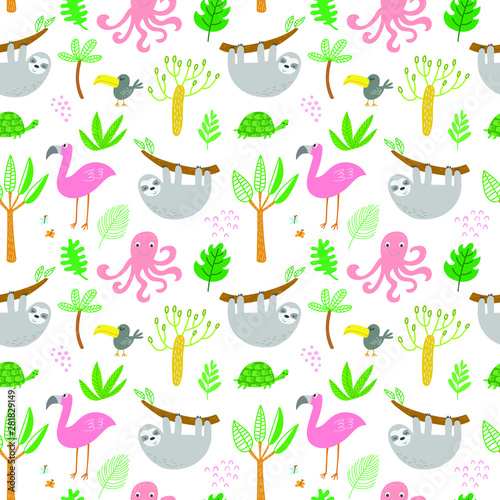 Vector seamless tropical pattern with cute tropical animals: flamingo, sloth, bird
