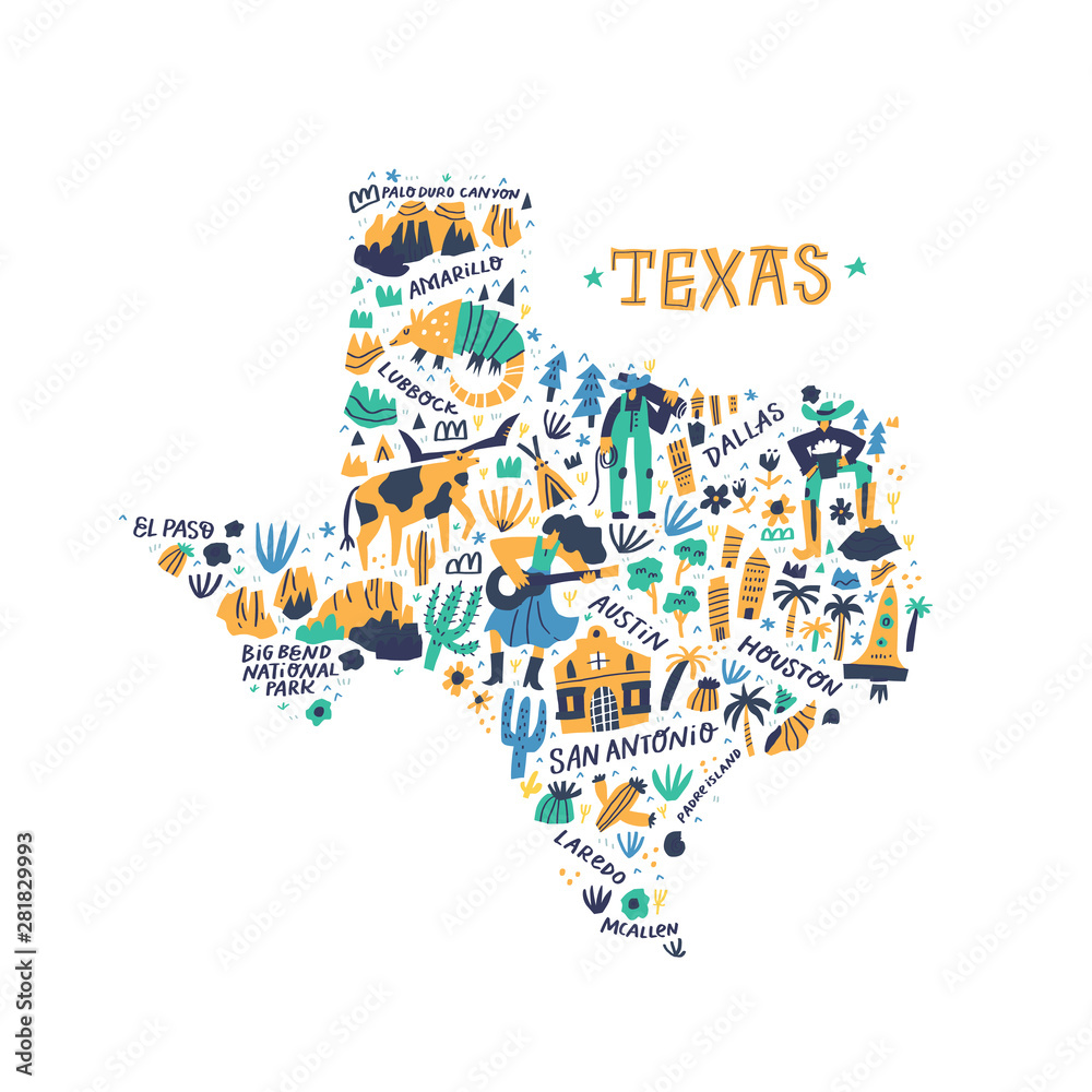 Vettoriale Stock Texas cartoon map vector illustration. Western american  state cities, landmarks, tourist attractions and routes names doodle  drawings. USA travel infographic poster, banner flat hand drawn design |  Adobe Stock