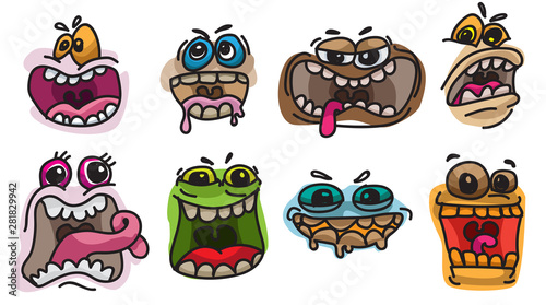 Cartoon cute monster  Funny fantastic creatures with happy surprised emotions