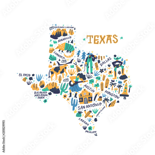 Texas cartoon map vector illustration. Western american state cities, landmarks, tourist attractions and routes names doodle drawings. USA travel infographic poster, banner flat hand drawn design photo