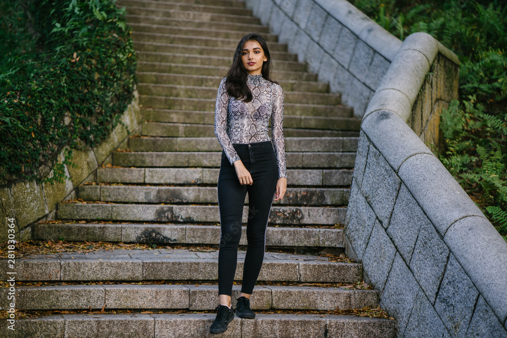 A young Indian Asian woman is standing in the park stairs during the evening. She is beautiful, attractive, athletic and tall and is wearing fitting clothes including a snakeskin top. A young Indian Asian woman is standing in the park stairs during the evening. She is beautiful, attractive, athletic and tall and is wearing fitting clothes including a snakeskin top.
