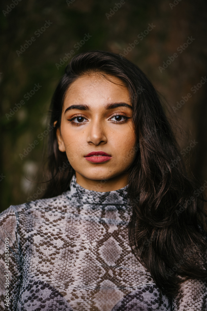 Close up portrait of a very beautiful, mysterious and confident Indian Asian woman in a stylish snakeskin top against a dark background. She is elegant, sexy and attractive. Close up portrait of a very beautiful, mysterious and confident Indian Asian woman in a stylish snakeskin top against a dark background. She is elegant, sexy and attractive.