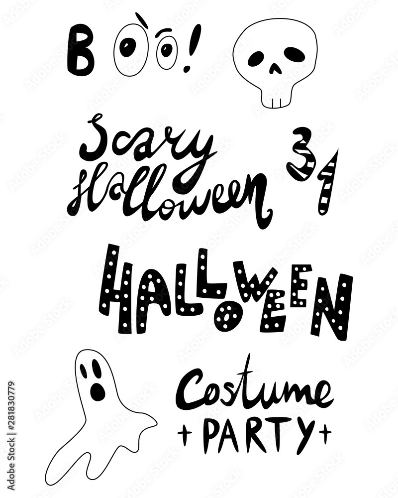 Halloween icons: thin monochrome icon set, black and white kit. Creepy and funny jack face, bat, lettering.