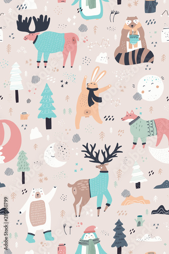 Woodland animals hand drawn color seamless pattern