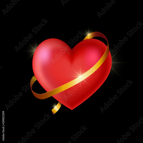 Realistic 3d heart от black background.  Vector illustration.