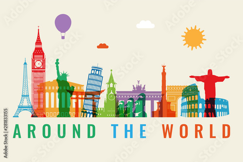Travel composition with famous world landmarks. Travel and Tourism concept. Vector