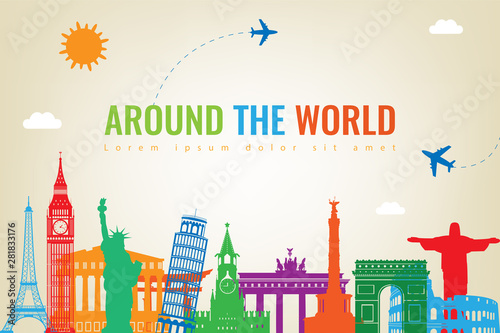 Travel composition with famous world landmarks. Travel and Tourism concept. Vector