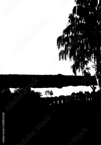 Black tree, forest and river silhouette. Card with copy space. Isolated on white background. Vector nature illustration