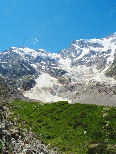 Monte Rosa with its glacier near the village of Macugnaga  Italy - July 2019.