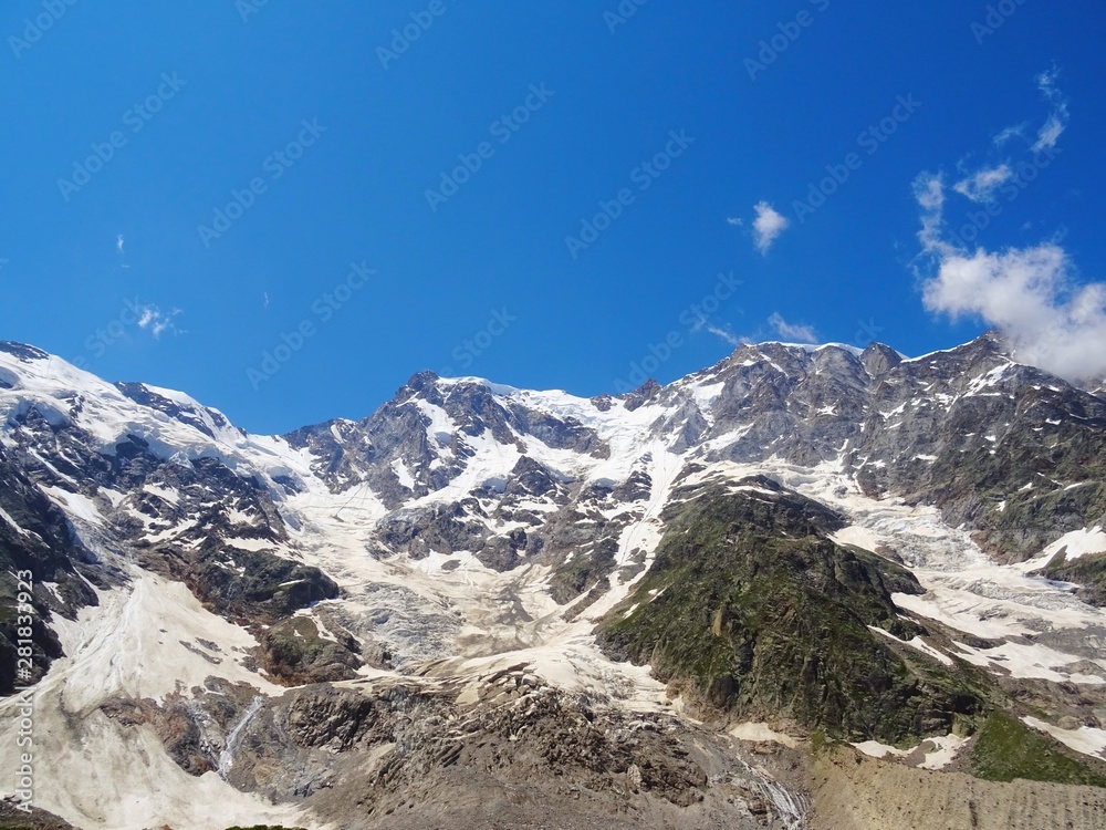 Fototapeta premium Monte Rosa with its glacier near the village of Macugnaga, Italy - July 2019.