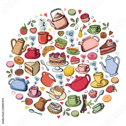 Vector Illustration Tea party with sweet desserts, cakes and donuts Coffee and fruits