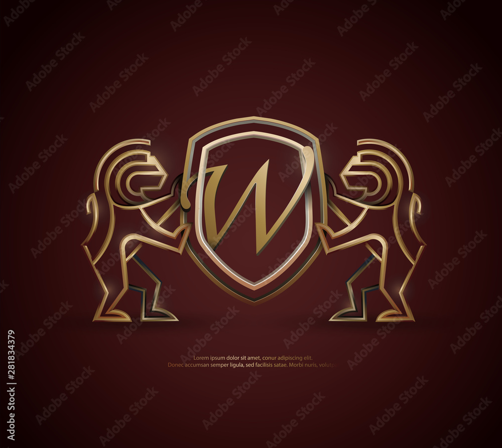 3d golden vintage W letter lion shield crest monoline logo template