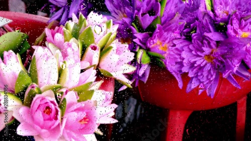 Realistic rain drops on glass window from the flower garden, 4K video.