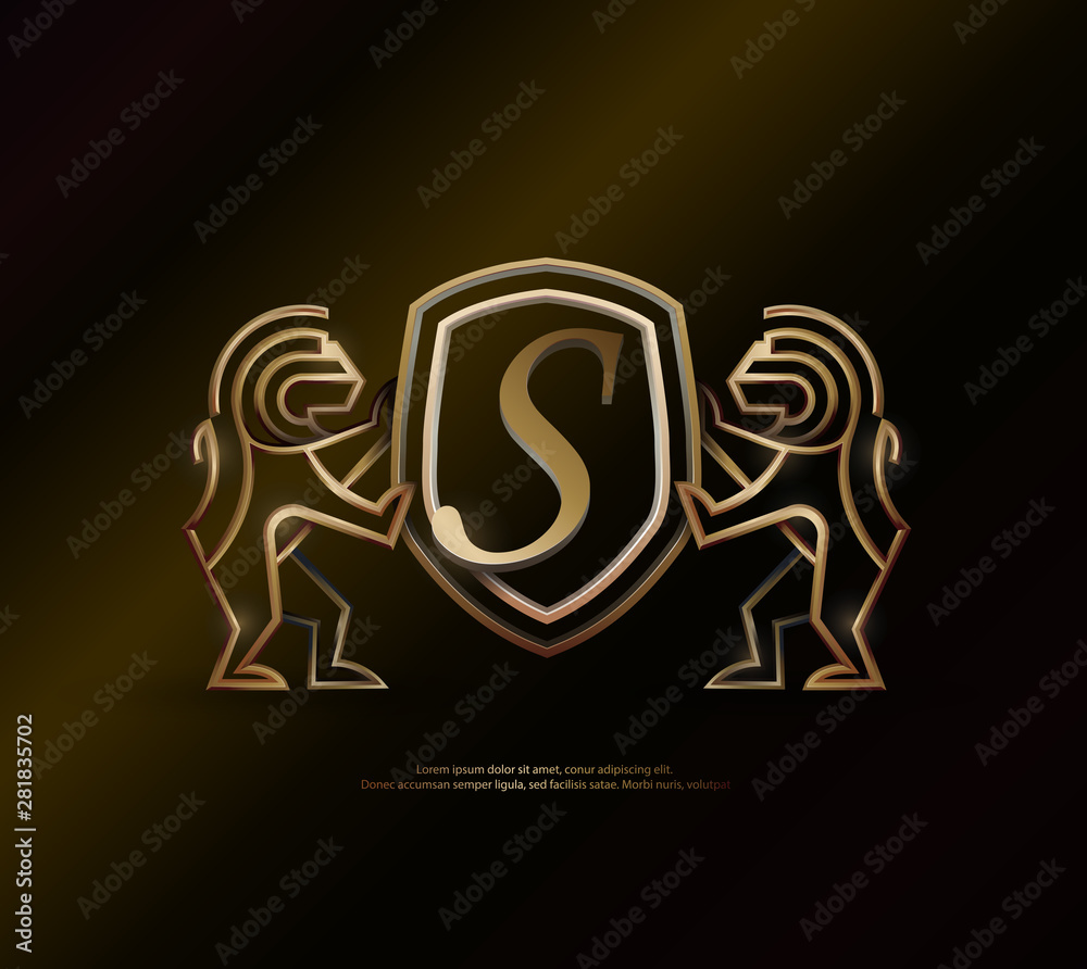 3d golden vintage S letter lion shield crest monoline logo template