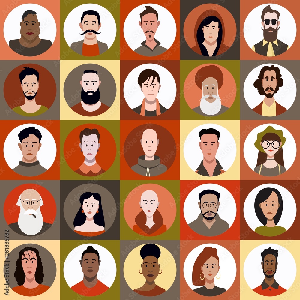 Icon set of people of different races and different age in flat style with faces. Vector woman, male character