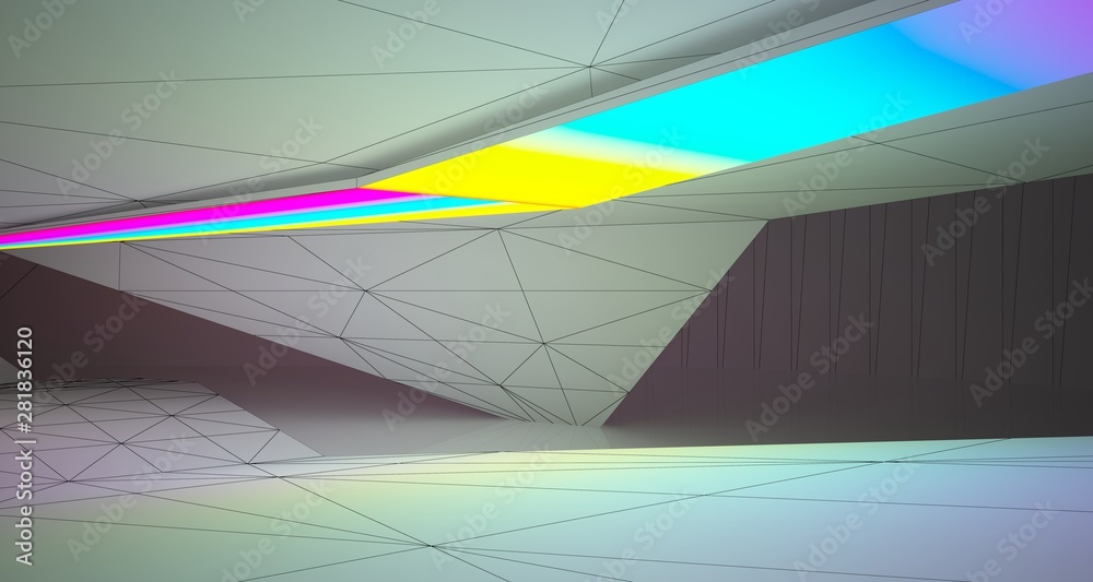 Fototapeta premium Abstract architectural drawing white interior of a minimalist house with color gradient neon lighting. 3D illustration and rendering.