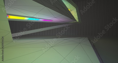 Abstract architectural drawing white interior of a minimalist house with color gradient neon lighting. 3D illustration and rendering.