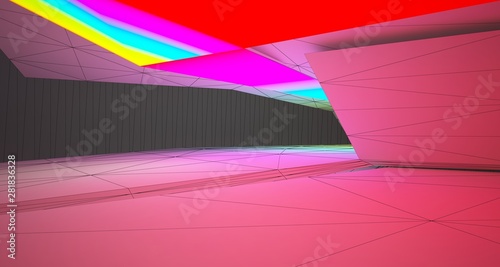 Abstract architectural drawing white interior of a minimalist house with color gradient neon lighting. 3D illustration and rendering.