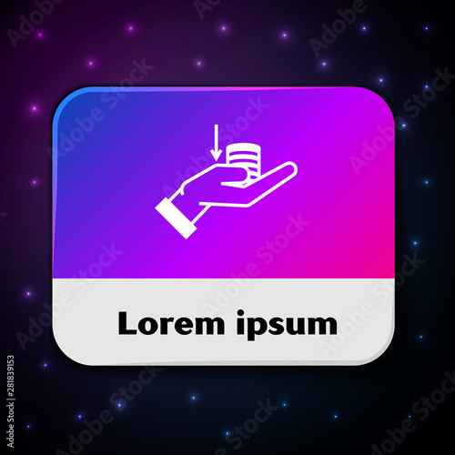 White Money on hand icon isolated on black background. Palm holds cash with down. Cash salary decrease. Rectangle color button. Vector Illustration
