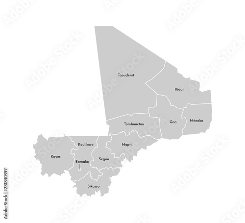 Vector isolated illustration of simplified administrative map of Mali. Borders and names of the regions. Grey silhouettes. White outline photo