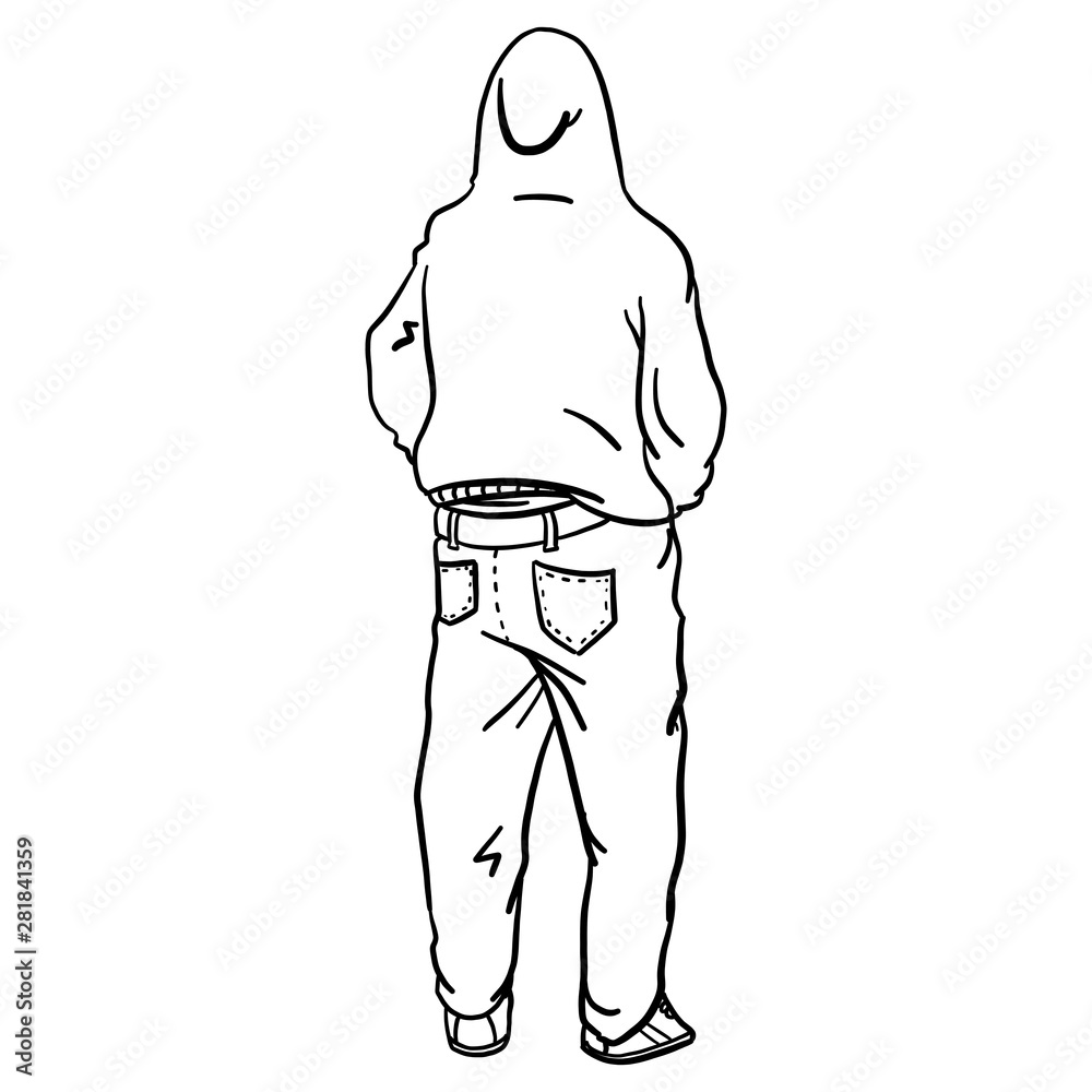 Rear view of a young man wearing a hip hop hoodie and baggy pants