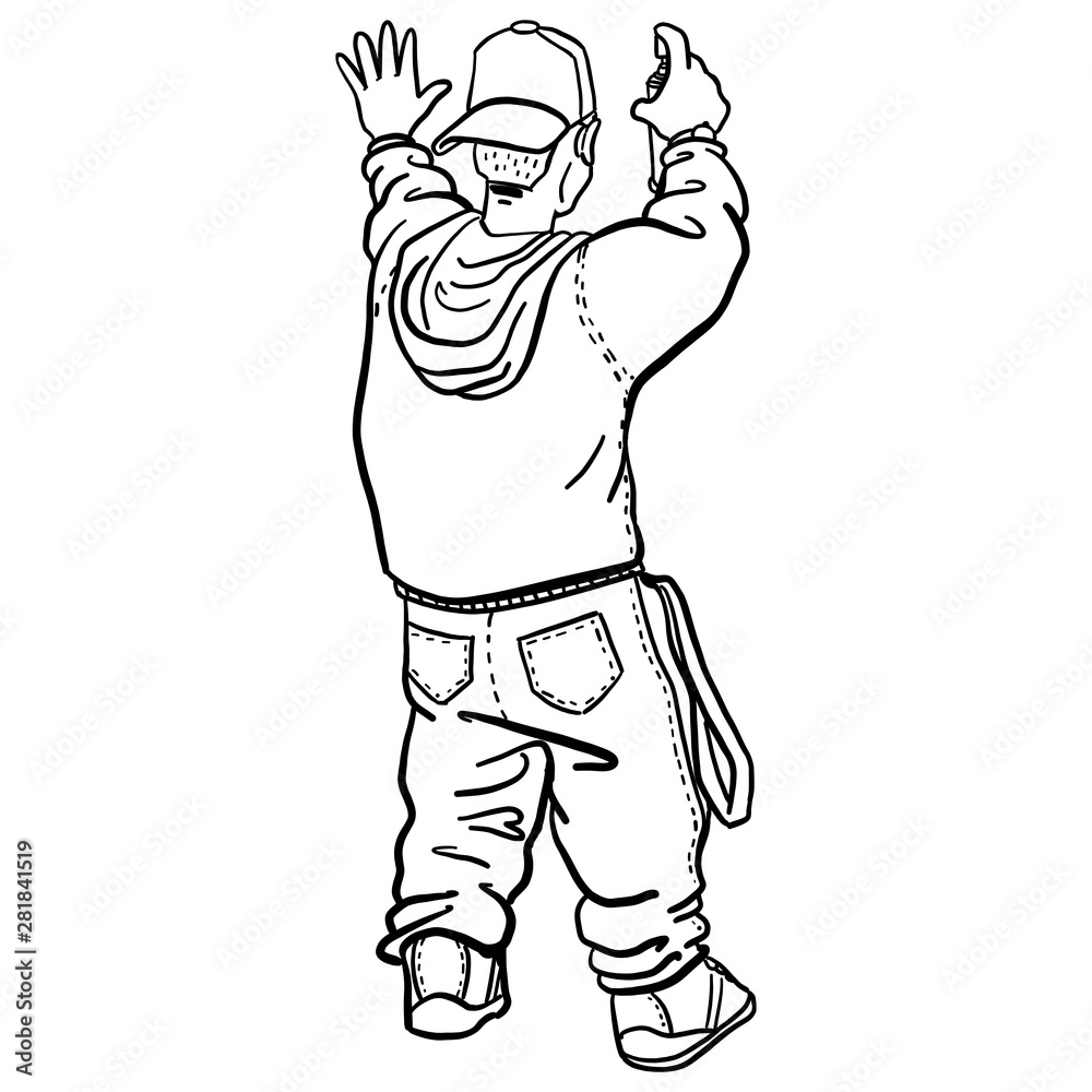 Rear view of a hip hop graffiti sprayer with baggy pants and hoody.  monochrome, outline, doodle, vector. Stock Vector