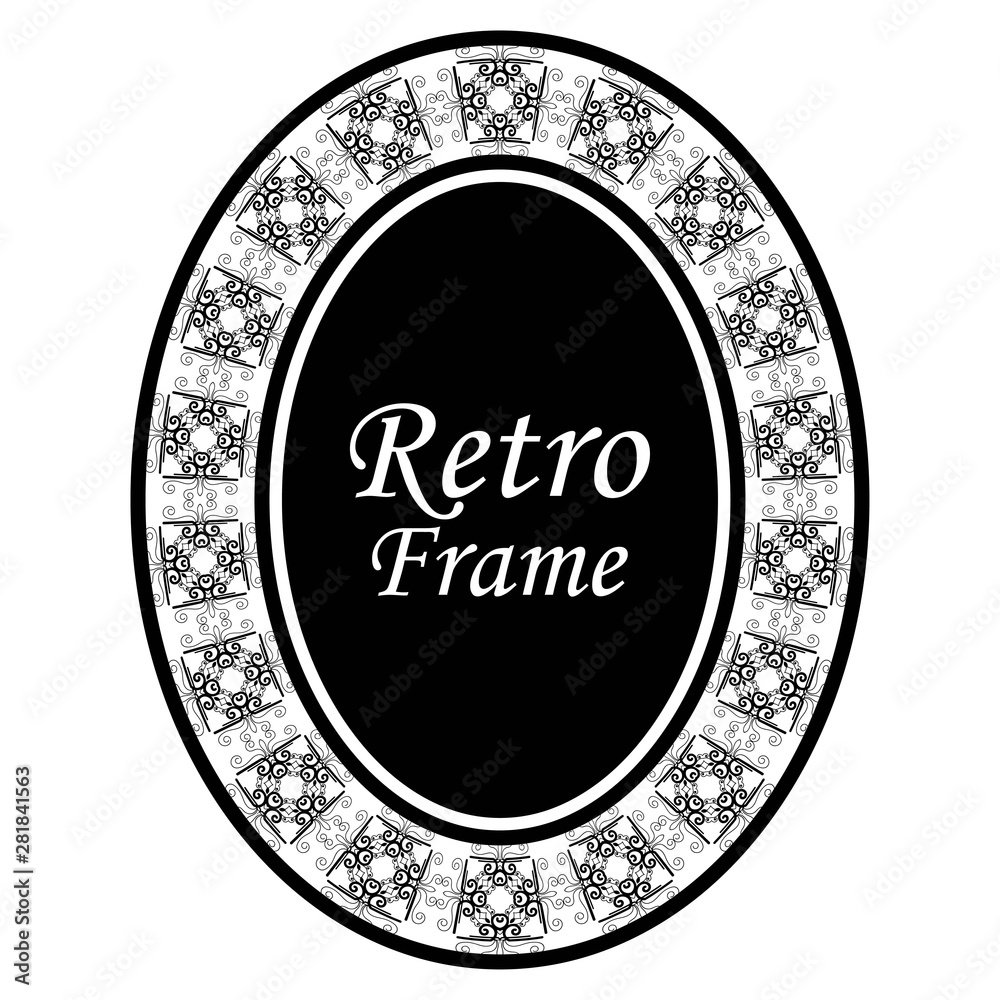 Decorative oval modern retro frame. Black border on white background