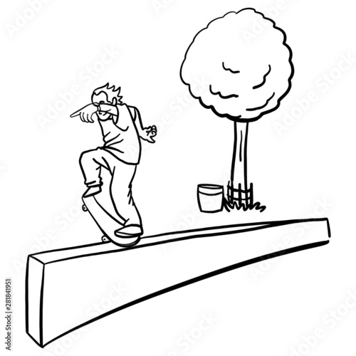 hand-drawn skateboarder slipping along a handrail. monochrome vector illustration, hop hop, comic.