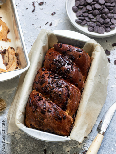 Home made chocolate babka in baking pan photo