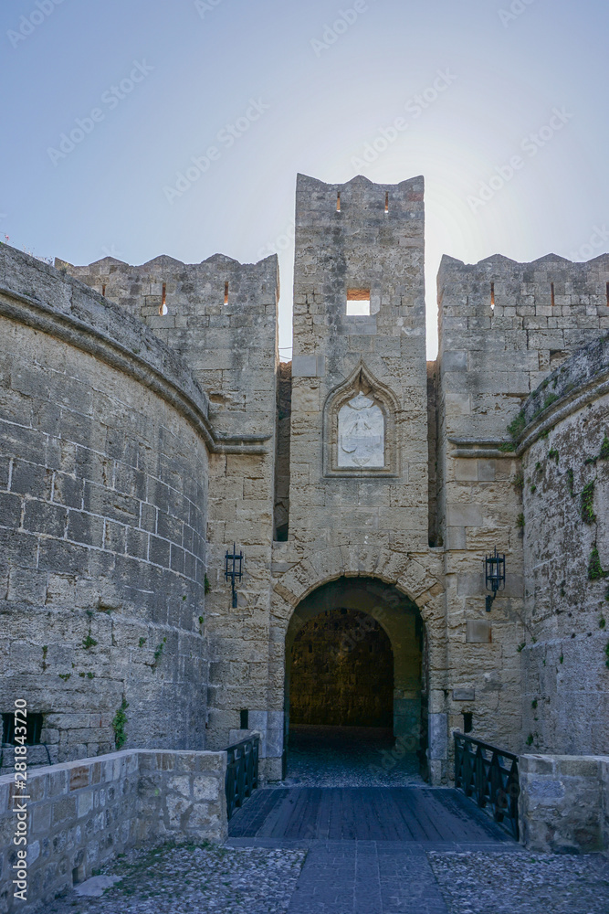 Rhodes, Greece: The Ambrose Gate, one of many towers of the 14th-century Palace of the Grand Master of the Knights of Rhodes.