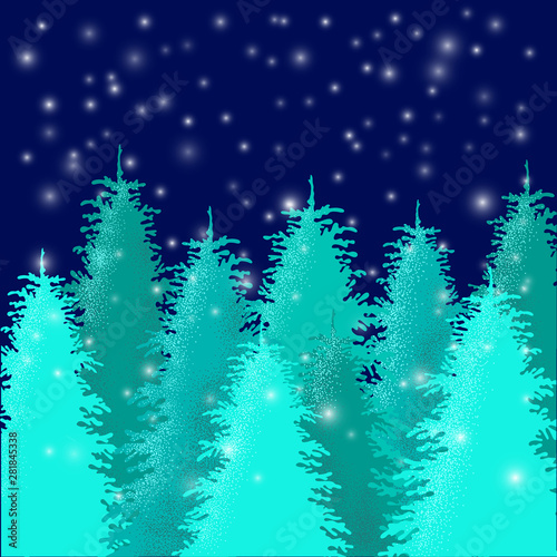 Christmas winter flat landscape background. Spruce  forest under the stellar snowfall. New Year vector scene.